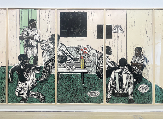 クリスティーズの展示風景より。ケリー・ジェームズ・マーシャルの木版画シリーズ《Untitled》1998–99年(部分)。