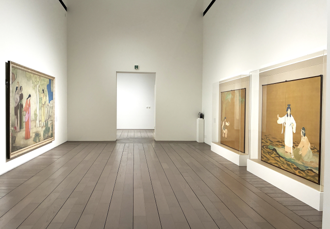 セクション2「ある時の神話」展示風景古事記などに記される「海幸山幸」の神話に対して、青木繁、小杉未醒、今村紫紅の3人の表現を見比べる。