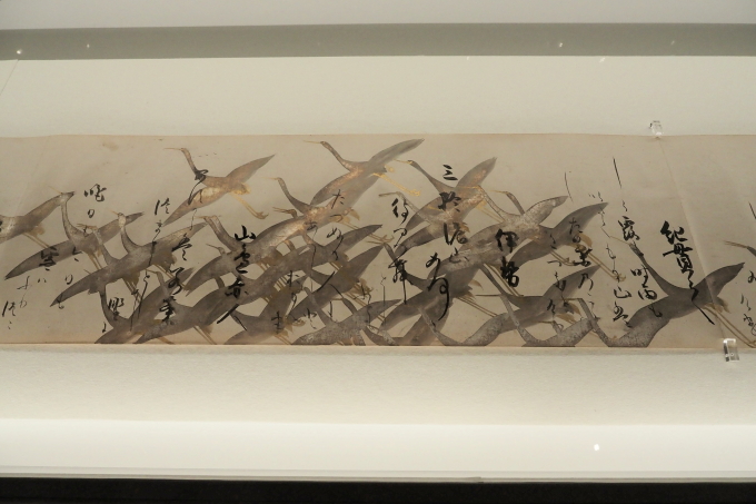 鶴の上昇と下降、群れの密度に合わせ字姿を巧みに変化。重要文化財《鶴下絵三十六歌仙和歌巻》（部分）本阿弥光悦筆/俵屋宗達下絵　江戸時代・17世紀　京都国立博物館蔵