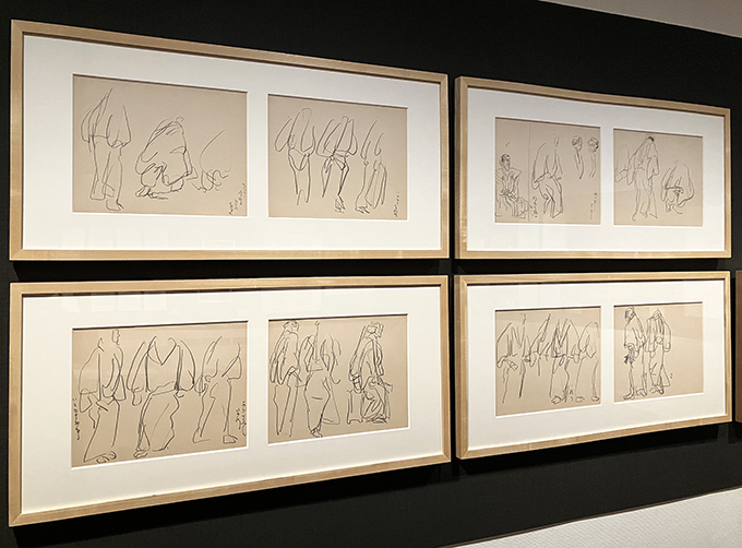 能『野宮』のシテの動きを写生したデッサンの展示風景