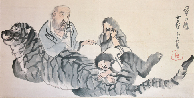 長沢蘆雪《四睡図（部分）》本間美術館　【後期展示】禅僧の豊干（ぶかん）と、その弟子の寒山・拾得、そして虎という3人と1匹が眠る様子を描く。獰猛な虎と人間が共に眠ることから、すべてが平等となる境地、あるいは安穏とした境地を表すものとされる。