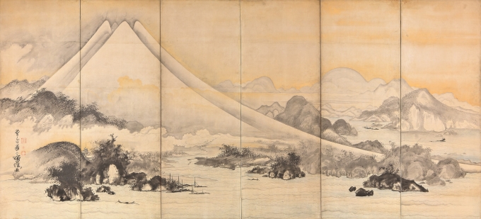 《富士三保図屏風》（左隻）曾我蕭白筆　6曲1双　江戸時代　18世紀　MIHO MUSEUM