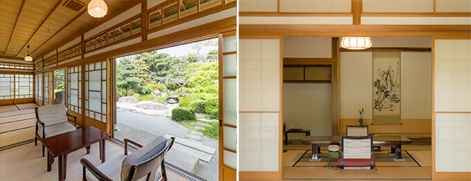 昭和天皇が泊まられた貴賓室を再現したお部屋。日本画家 松林桂月の書やお軸が当時のままに掛けられている。