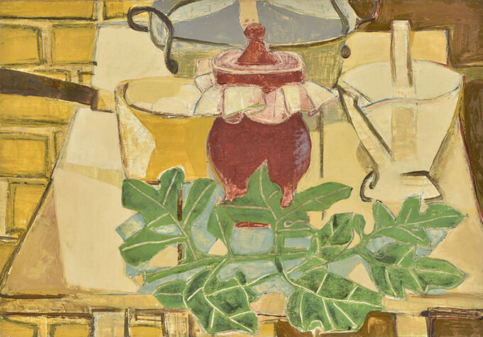 《トマトの葉のある赤壺など》　1953 油彩・キャンバス　香月泰男美術館「厨房の詩人」「台所の画家」と呼ばれた画家にとって、食材は恰好のモチーフだった。くっきりとした葉脈が浮かぶトマトの葉と、トマトのように赤い壺の対比が印象に残る。