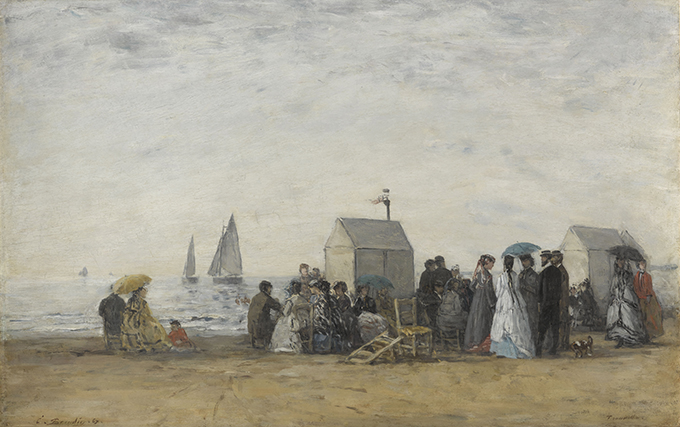 ウジェーヌ・ブーダン《トゥルーヴィルの浜辺》1867年
Eugène Boudin (1824-1898)　La Plage de Trouville, 1867
Paris, musée d'Orsay　© RMN-Grand Palais (musée d’Orsay) / Franck Raux
ジヴェルニー印象派美術館で開催されている「印象派と海（L’Impressionnisme et la mer）」展での展示作品より