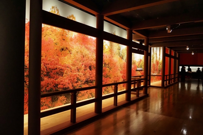 会場には東福寺三名橋のうち通天橋の一部を再現。赤く燃える紅葉を疑似鑑賞できる