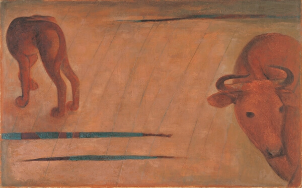 《雨〈牛〉》　1947年　油彩・キャンバス　山口県立美術館乾いた大地の中で振り向いた犬と牛が画面の両端に描かれている。作品の舞台となったホロンバイル草原について香月は「草原というよりはむしろ砂漠に近いイメージ」と記している。