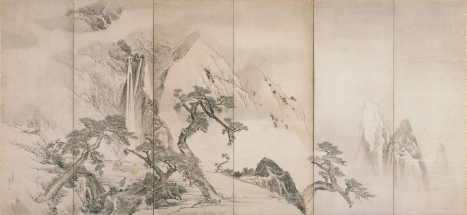 円山応挙《山中清遊図屏風》六曲一双　紙本墨画淡彩　天明7年　相国寺蔵【展示：Ⅰ期（会期終了）】