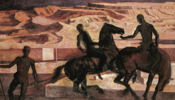 《発掘》1930年　京都大学人文科学研究所蔵強い日差しを受けた赤褐色の大地と、逆光でシルエットとなった人と馬のコントラストが印象深い。特定の場所を描いていないが、須田は「中央亜細亜の曠野とも思しきところ」と述べており、旅で出会った光景が、画家に様々なイメージを与えたことが分かる。