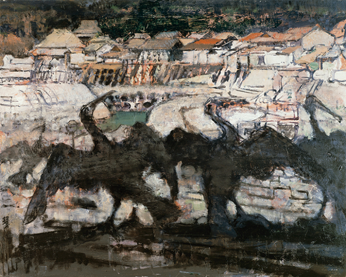 《鵜》1952年　京都国立近代美術館蔵山口県・青海島通村の風景を題材にした作品。前景（鵜の群れ）の黒と、背景（家の壁）の白のコントラストが心地よく、「黒の絵画」の中でも朗らかな印象を与える作品。