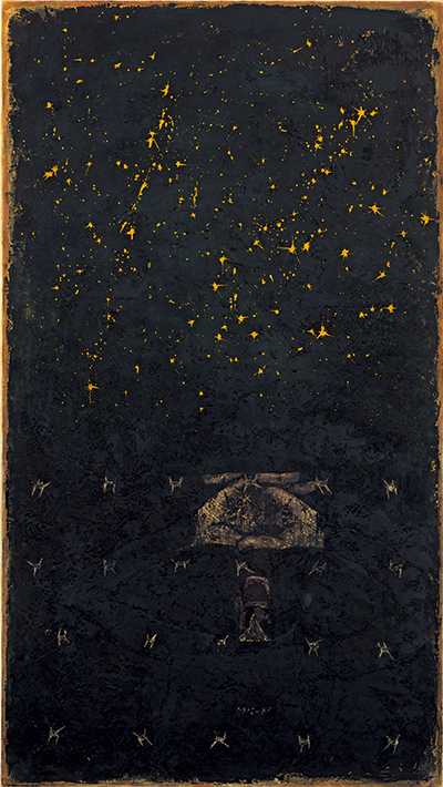 《星〈有刺鉄線〉夏》1966年　油彩、方解末、木炭、カンヴァス　山口県立美術館蔵