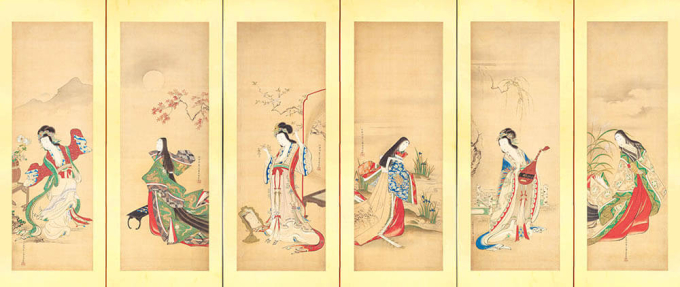 鳥文斎栄之《和漢美人図屏風》絹本着色 6曲１隻　文化(1804-18)後期-文政(1818-30)前期頃　個人蔵