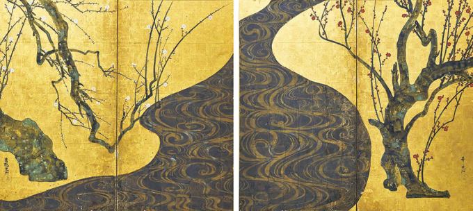 国宝　尾形光琳筆「紅白梅図屏風」　江戸時代　MOA美術館