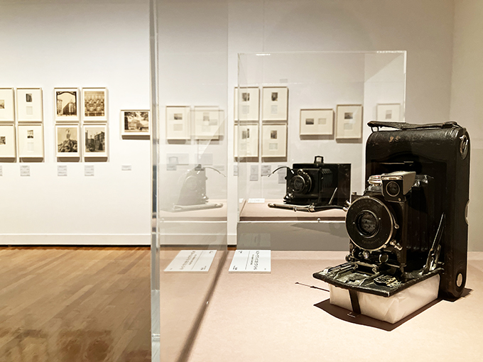 須田愛用の２台のカメラ。会場内には他にもスーツケースや画材道具など愛用の品が展示。