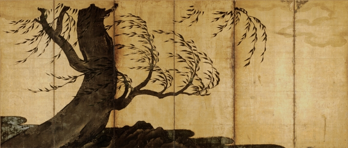 狩野宗秀《柳図屏風》六曲一隻　紙本金地著色　桃山時代　相国寺蔵【展示：Ⅱ期（2026/1/11～3/8）】