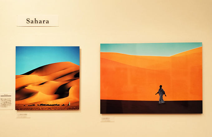 野町が25歳の時に取材したサハラ砂漠。
左《オアシスの背後に聳える巨大砂丘麓の放牧。》 右《夕日に映える丘の谷間を行く少年。》
カルザス アルジェリア 1972年
