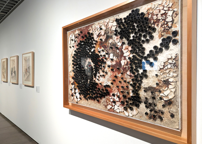 展示風景より、手前は田部光子《繁殖する(2)》1958-88 福島市美術館