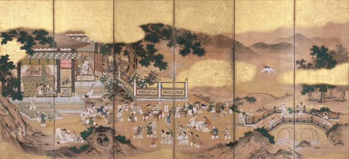 《郭子儀兒孫遊嬉図屏風》（上：右隻、下：左隻）六曲一双　紙本金地著色　江戸時代　相国寺蔵【展示：Ⅰ期（会期終了）】右隻の中国・唐時代の名将、郭子儀（かくしぎ）を中心に、彼の孫たちが遊ぶ様子が六曲一双の屏風いっぱいに描かれている。長寿富貴、子孫繁栄を願う吉祥的な画題として好まれた。