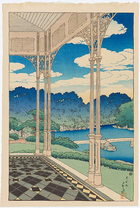 川瀬 巴水《三菱深川別邸の図　洋館より庭園を望む》大正9（1920）年　スミソニアン国立アジア美術館National Museum of Asian Art, Smithsonian Institution, Robert O. Muller Collection　版元：渡邊木版美術画舗展覧会のラストには、三菱にゆかりある作品も展示されている。