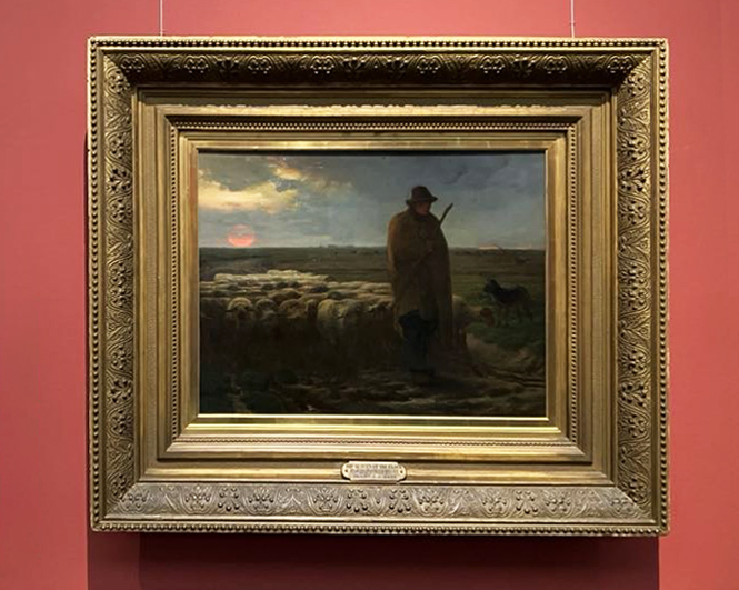 近年コレクションに加わった《角笛を吹く牛飼い》(上)と、開館当初からのコレクションである《夕暮れに羊を連れ帰る羊飼い》(下)も並んで展示されている。