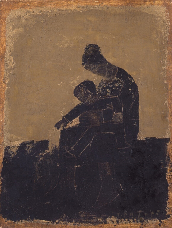 《母と子と犬》  1968 油彩・キャンバス　香月泰男美術館《母子》シリーズは、三隅での家族との暮らしから生まれた