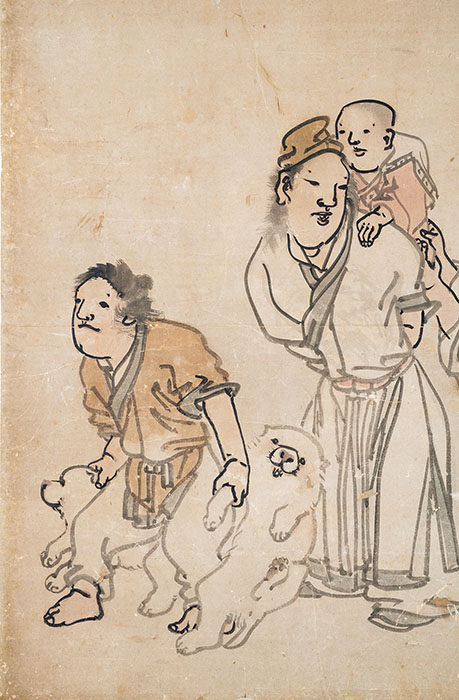 長沢蘆雪《唐子遊図襖（部分）》個人蔵　【前期・後期展示】子供たちが集まり闘犬をはじめたり、凧揚げをする様子などが描かれた作品。引きずられる子犬の表情が何とも言えないかわいらしさだ。