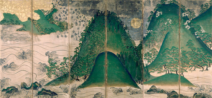 国宝　日月四季山水図屏風（右隻）　室町時代（15～16世紀）　大阪・天野山金剛寺蔵