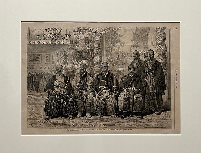 ナダール氏のスタジオでの日本遣欧使節　1862年『モンド・イリュストレ』紙掲載　木口木版　個人蔵　