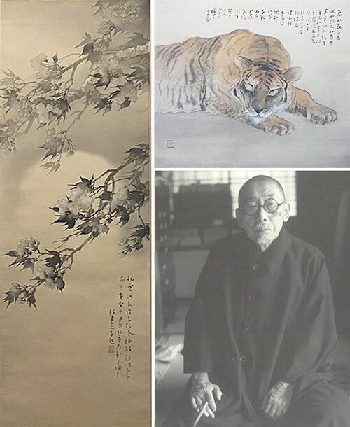 館内の展示室に展示された、日本画家 松林桂月(山口県・萩市出身）の作品（月ごとに展示作品は入れ替わる）写真左：「春宵花影図」、右上：「寅図」、右下：松林桂月