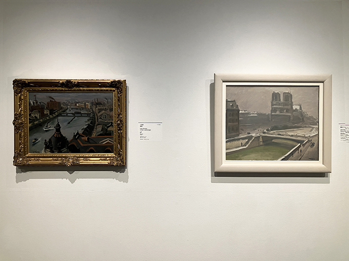 （左）小出楢重《街景》1925年、大阪中之島美術館
（右）アルベール・マルケ《雪のノートルダム大聖堂、パリ》1912年頃、パリ市立近代美術館