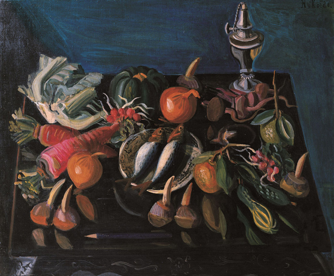 小出楢重 《卓上静物》 1928年 京都国立近代美術館
晩年の裸婦画と同じ頃に描かれた静物画