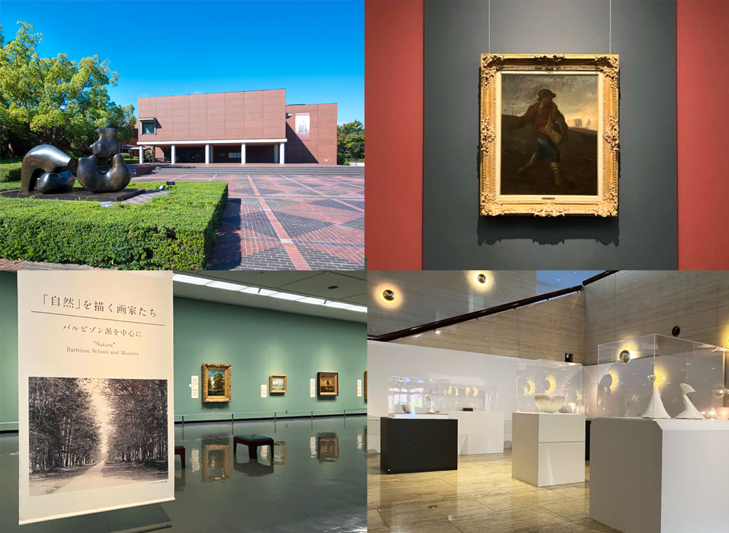 (左上)山梨県立美術館外観、(右上)ジャン=フランソワ・ミレー《種をまく人》 1850年 油彩・麻布
(左下)ミレー館(バルビゾン派)展示風景、(右下)キュレーターズ・アイ「星野友幸」展(~2026/2/1)展示風景